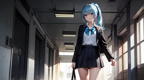 Photo, Light blue-haired girl stands in front of the camera, standing straight, Ponytail, Perfect body, school uniform, Black sh...
