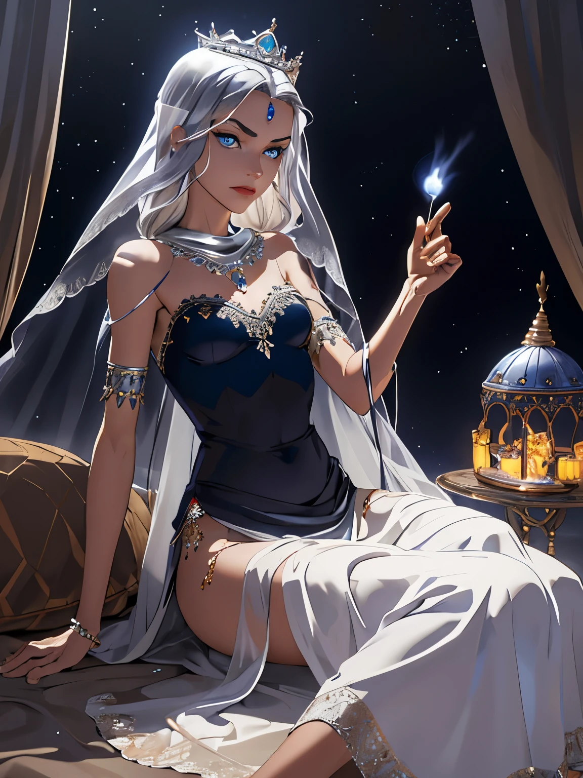 Adult odalisque with silver hair and blue eyes, expensive dress, mean look, silver, jewelry, small breasts, desert, camp, gypsy, nomadic, brave face, brave, small, thin, mystical, incense, tent, moonlight, silver moonlight, lighting, lace, transparent, long skirt, veil, crown,