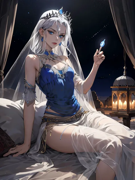 Adult odalisque with silver hair and blue eyes, expensive dress, mean look, silver, jewelry, small breasts, desert, camp, gypsy,...