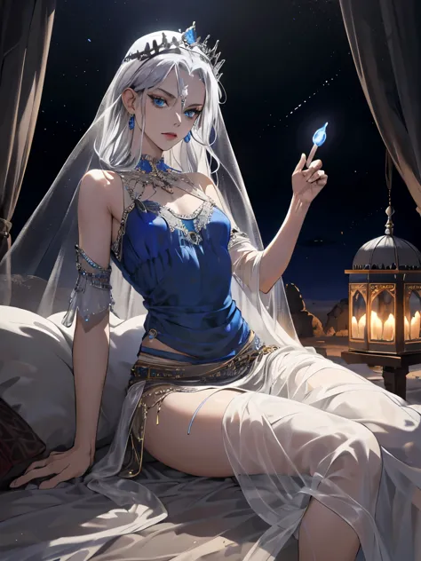 adult odalisque with silver hair and blue eyes, expensive dress, mean look, silver, jewelry, small breasts, desert, camp, gypsy,...