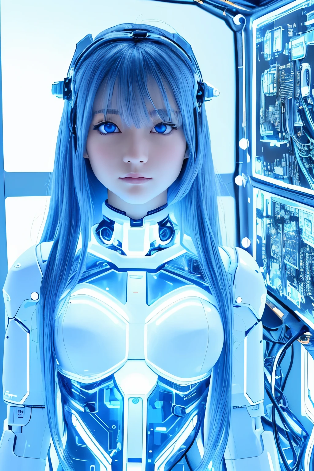 (highest quality, High resolution, masterpiece:1.2), Super detailed, realistic:1.37, (perfect anatomy),1 girl,cowboy shot,full body portrait,,close-up of woman, Cute and completely beautiful Japanese idol, 16 year old female model、Modified into a cute cyborg,, (blue led eyes:1.3), (white bio acrylic body:1.2),  ,,detailed connection lines,  Wires and cables connecting to the head,  cybernetics, cyber 3ink,  intricate decorative details, The background is the interior of a robotic operating room.,,monitor screen