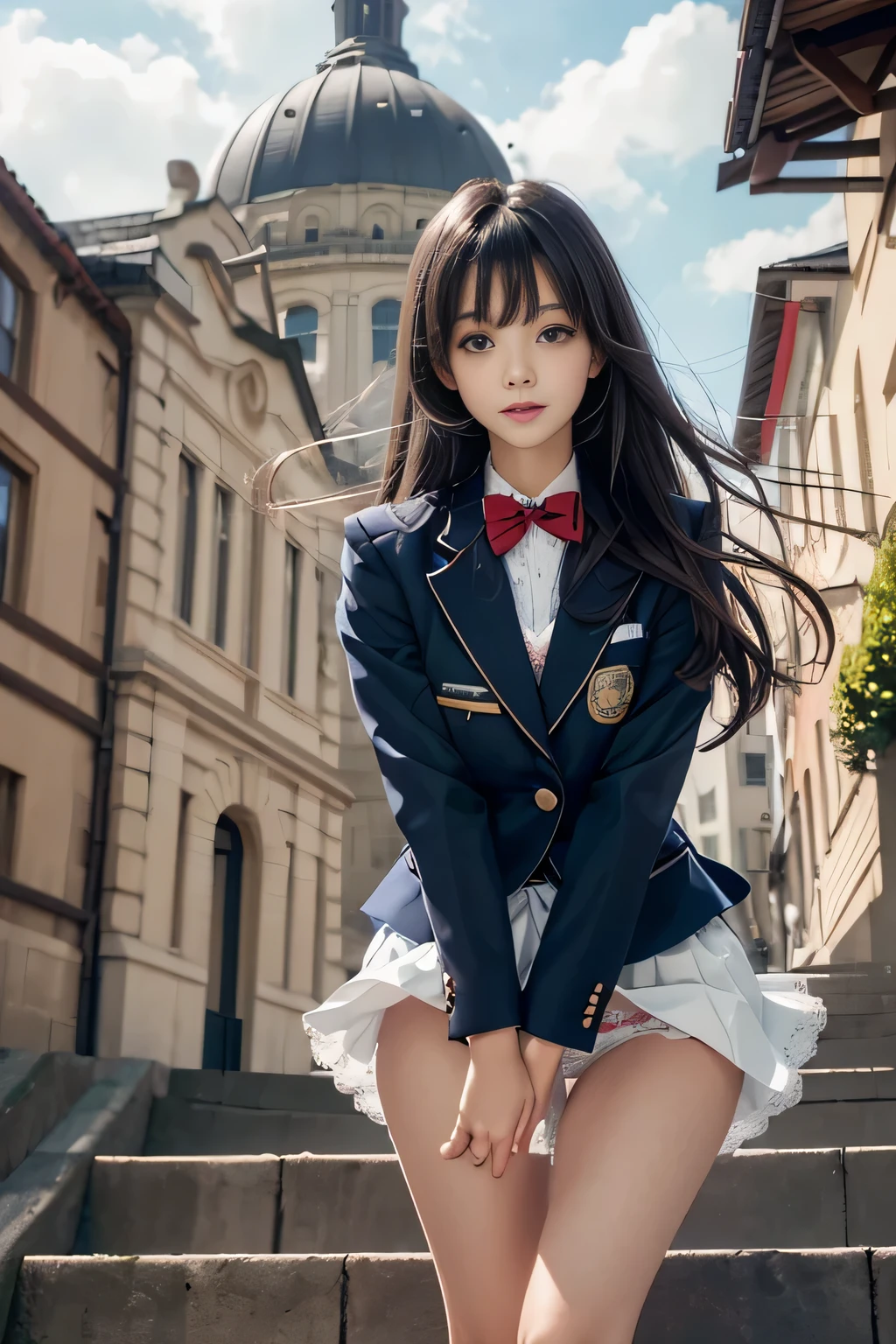 (Girl Standing On School Steps),1 girl, dark blue hair, bangs, long hair, sparkling eyes, long eyelashes, compensate, light smile, Depth of written boundary, one person&#39;perspective, close, from below, wide angle, f/1.8, 135mm, canon, nffsw, retina, table top, Accurate, anatomically correct, rough skin, Super detailed, advanced details, high quality, 最high quality, High resolution, 1080P, 4K, 8k,(Female student climbing the stairs at school),46 point diagonal bangs,Female student、((uniform: white blazer with emblem on the chest))、translucent white blouse、(red bow tie)、（( in bright colors,check stripe)（）、laughter,((my skirt flies in the wind)),((You can see the white lace panties))、
