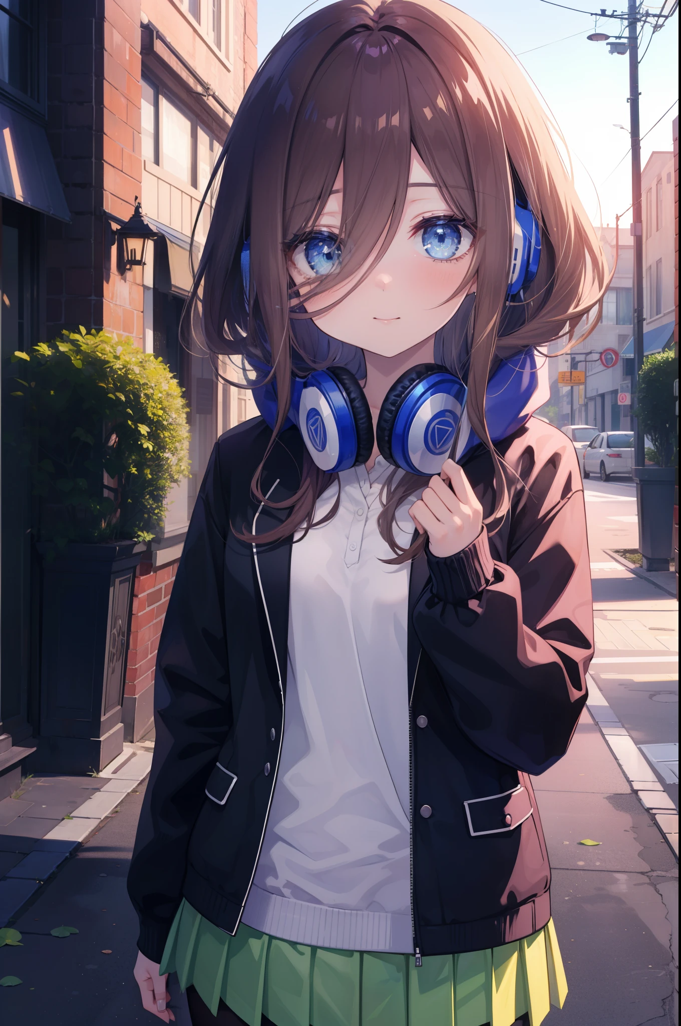 miku nakano, Nakano Miku Ticket III, long hair, bangs, blue eyes, brown hair, hair between eyes, blush,smile,Headphones around the neck,blue hoodie,wearing a hood,Green pleated skirt,gray pantyhose,short boots,I put my hand in my hoodie pocket.,sunrise,morning,morning日,
break outdoors, city,building street,
break looking at viewer, (cowboy shot:1.5), (Upper body:1.5),
break (masterpiece:1.2), highest quality, High resolution, unity 8k wallpaper, (shape:0.8), (fine and beautiful eyes:1.6), highly detailed face, perfect lighting, Very detailed CG, (perfect hands, perfect anatomy),