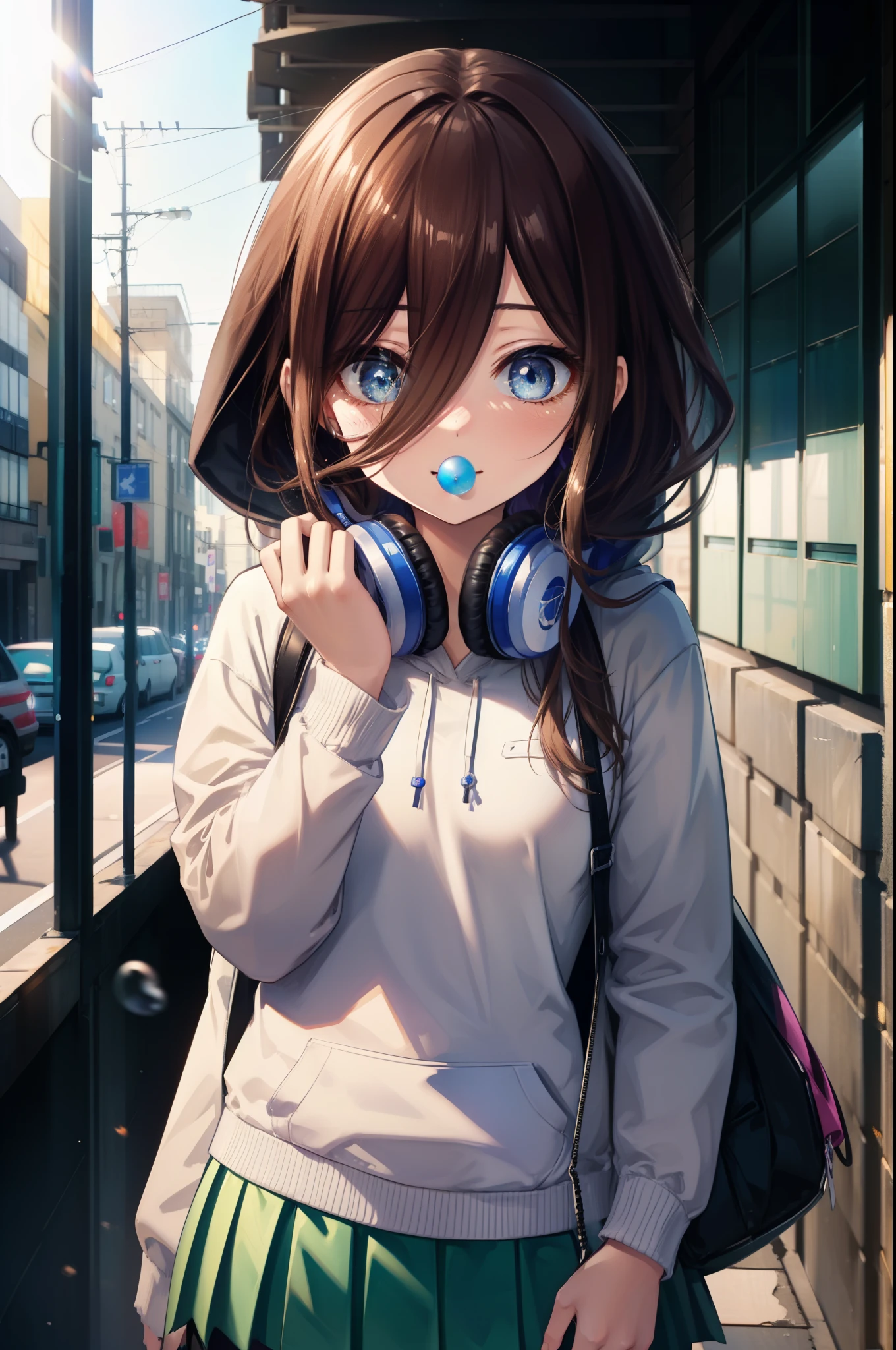 miku nakano, Nakano Miku Ticket III, long hair, bangs, blue eyes, brown hair, hair between eyes, blush,smile,Headphones around the neck1:1,blue hoodie,wearing a hood,Green pleated skirt,gray pantyhose,short boots,I put my hand in my hoodie pocket.,sunrise,morning,morning日,blow bubble gum, ピンクの風船ガム
break outdoors, city,building street,
break looking at viewer, (cowboy shot:1.5), (Upper body:1.5),
break (masterpiece:1.2), highest quality, High resolution, unity 8k wallpaper, (shape:0.8), (fine and beautiful eyes:1.6), highly detailed face, perfect lighting, Very detailed CG, (perfect hands, perfect anatomy),