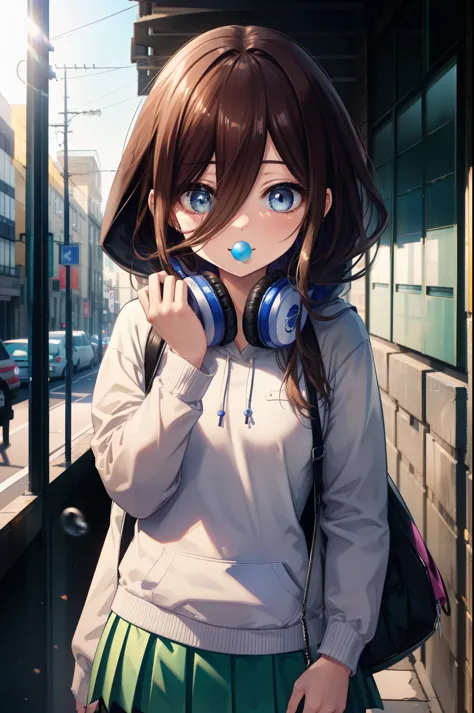 miku nakano, nakano miku ticket iii, long hair, bangs, blue eyes, brown hair, hair between eyes, blush,smile,headphones around t...