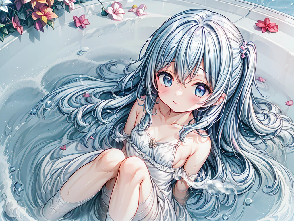 masterpiece, best quality, extremely detailed, (illustration, official art:1.1), 1 girl ,(((( light blue long hair)))), light blue hair, ,10 years old, long hair ((blush)) , small breasts,cute face, big eyes, masterpiece, best quality,(((((a very delicate and beautiful girl))))),Amazing,beautiful detailed eyes,blunt bangs((((little delicate girl)))),tareme(true beautiful:1.2),seductive smile, sense of depth,dynamic angle,,,, (show off own areola slip:1.2)affectionate smile, ,(tiny 1girl model:1.2) ((masterpiece, best quality, extremely detailed, absurdres)), focused leg, wet, sweat, shiny skin, open stance,, restrained, , point light, sweatdrop,light smile, gasping , spread legs,{{{official art}}}, 
Western-style bathroom、Bubble bath、Bubble background、Comical and lively background、Colorful soap bubble background、Comical and cute appearance、Bubbles、Covered in bubbles、Woman taking a bubble bath、Covered in bubbles、Facial expression close-up、long hair with blue hair and red highlights,,,, shiny hair, (blue hairs、gradation hair、multi color hair、Purple hair),,,Pure Innocence、blue Eyeliner、View here、 legs raised、Overflowing bubbles、Bubble clouds、comic strip、Anime deformation illustration、She is buried in bubbles、Side Camera Angle viewer,flat chest、Intricate Iris Details, Captivating Eye Reflections, Sparkling Highlights in the Eyes, Depth and Dimension in the Pupils, Subtle Color Variations in the Iris, Meticulous Eyelash Details, detailed eyes