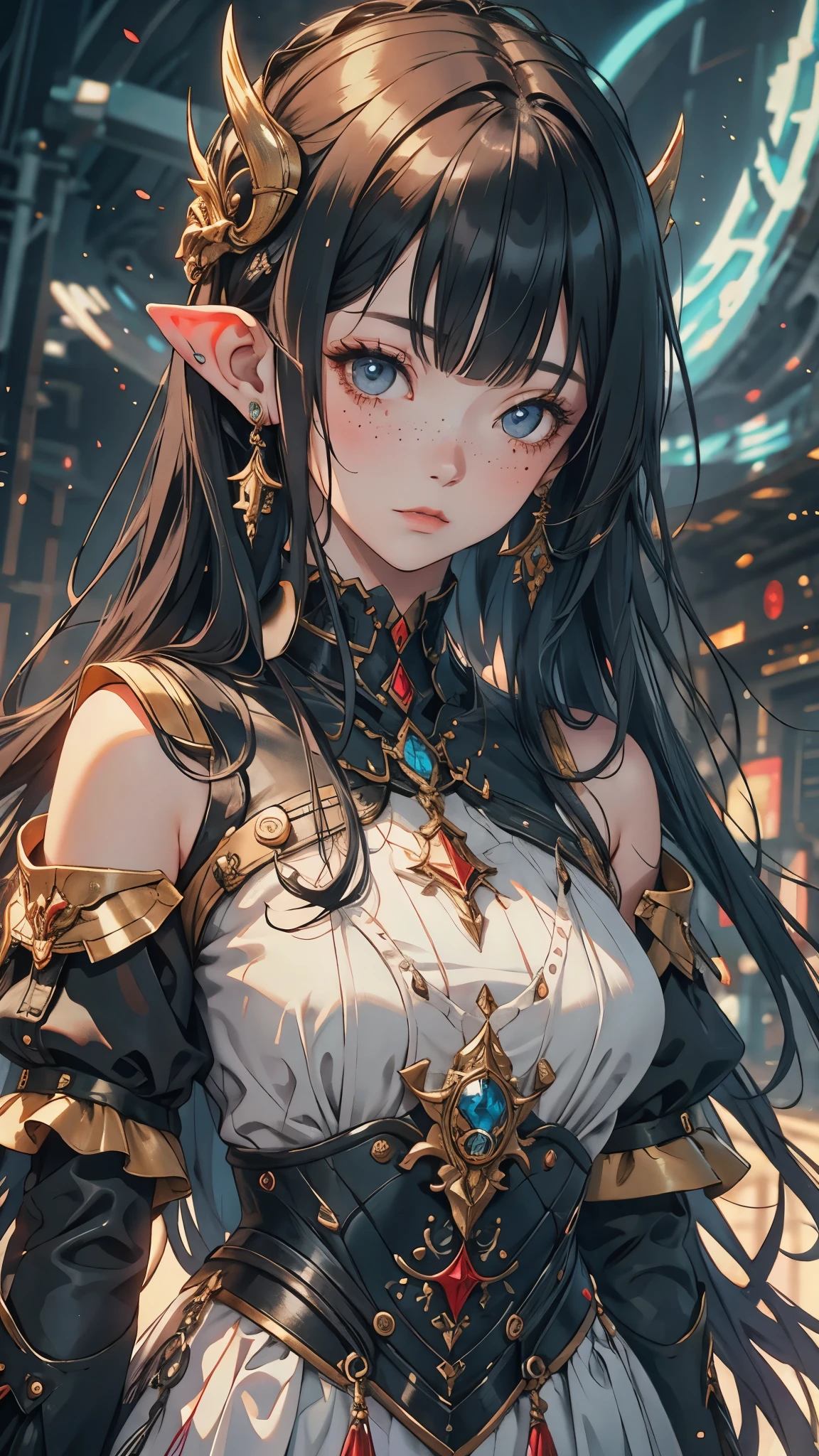 arafed woman with long black hair and freckled top posing, ig studios anime style, cute pocelain doll, human realistic face, ethereal!!! ultra realistic, korean mmo, trending on artstaion, 🎀 🧟 🍓 🧚, dragon girl, cute, high quality, detailed, high resolution, amazing art, masperpiece