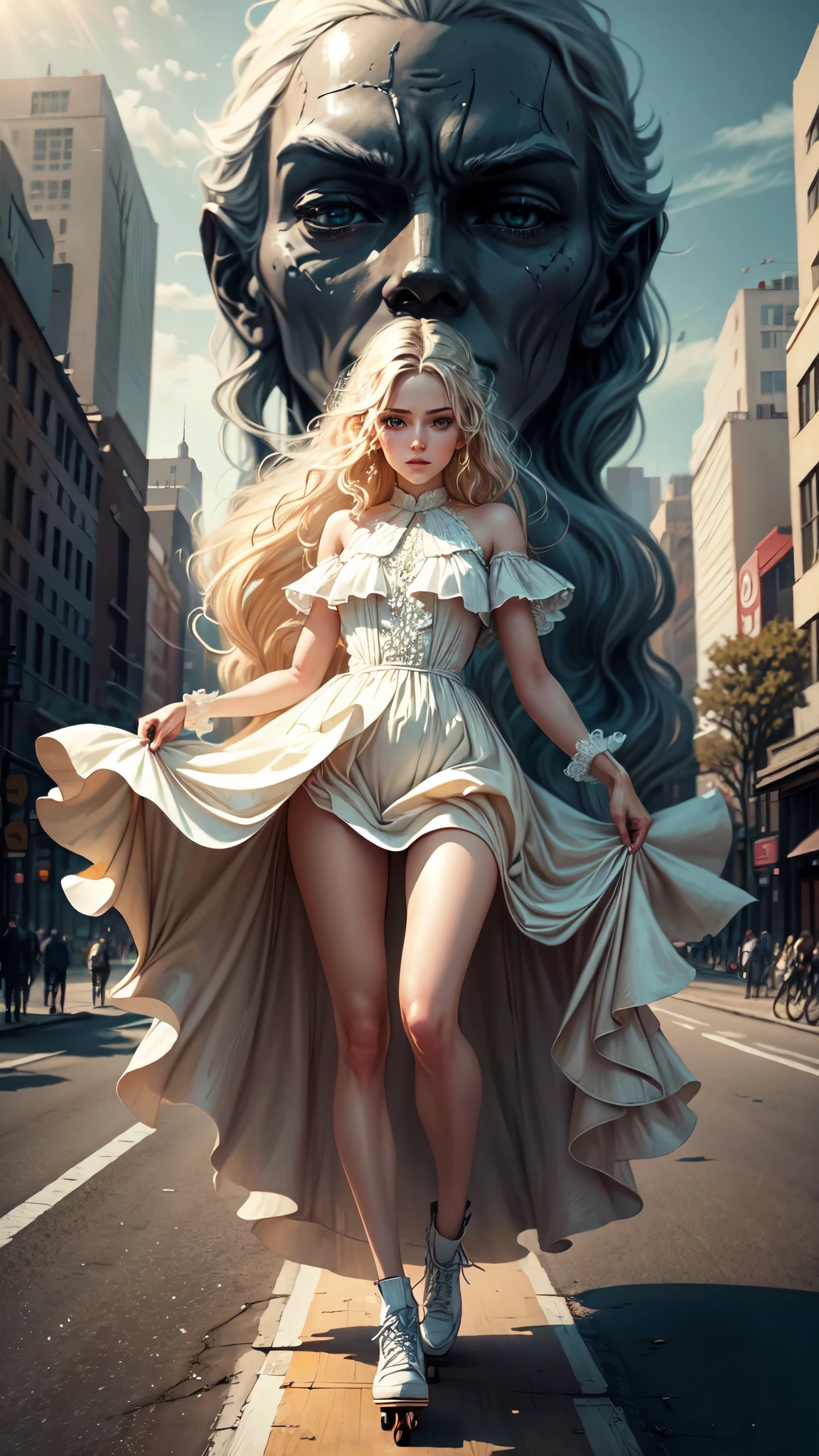 In this scene, we see a stunning girl, detailed face, detailed eyes, detailed hands, standing in an urban landscape. Her white blonde hair flows elegantly, and her face is detailed, with beautiful eyes and hands. She stands on a skateboard, with her long legs positioned gracefully. The strong sunlight illuminates the scene, casting vibrant colors on the surrounding environment.