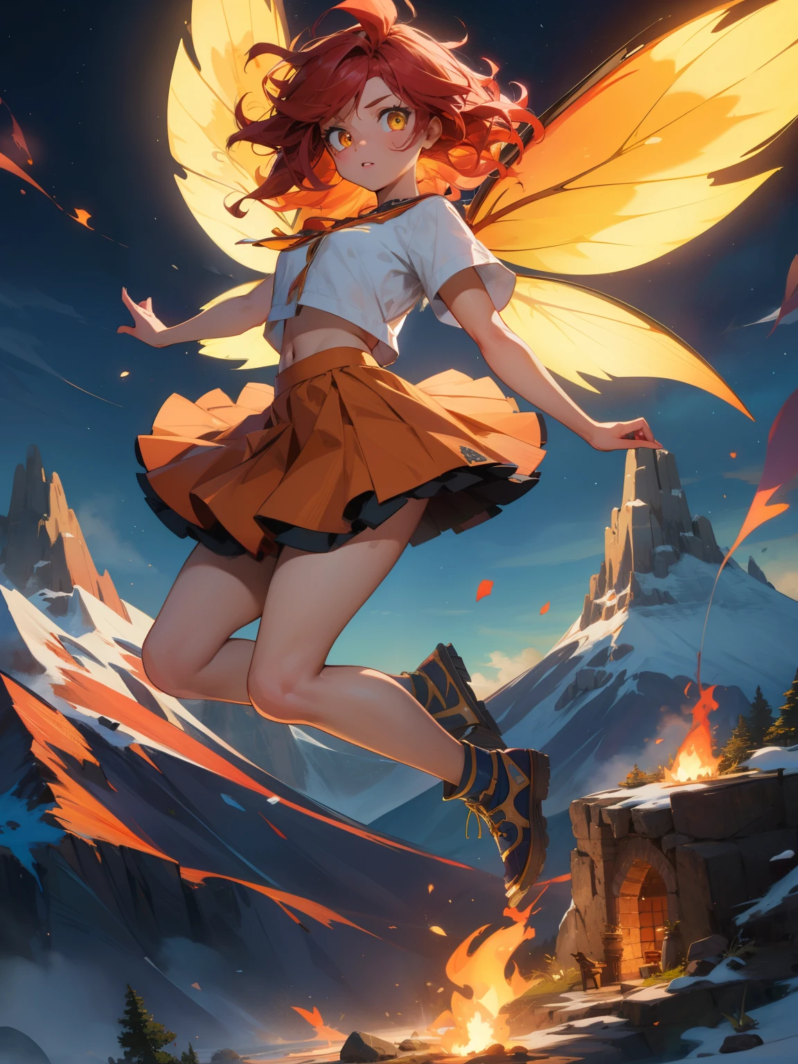 (masterpiece), best quality, (SHARP details), 4k, expressive eyes, SHARP detail expressive eyes, (SHARP detail perfect face), (shot red hair), (fairy), (yellow wings), fire, glowing fairy dust, (wearing tight, red skirt), (full body image), amber eyes, detailed perfect face, detailed perfect hands, detailed perfect fingers, ((flying)), detailed background, wild hair, (mountain town), city, lamp,