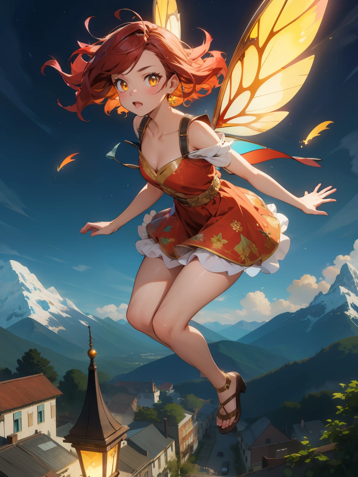 (masterpiece), best quality, (SHARP details), 4k, expressive eyes, SHARP detail expressive eyes, (SHARP detail perfect face), (very short red hair), (fairy), (yellow wings), fire, glowing fairy dust, (wearing short, red dress), (full body image), amber eyes, detailed perfect face, detailed perfect hands, detailed perfect fingers, ((flying)), detailed background, wild hair, (mountain town), city, lamp,