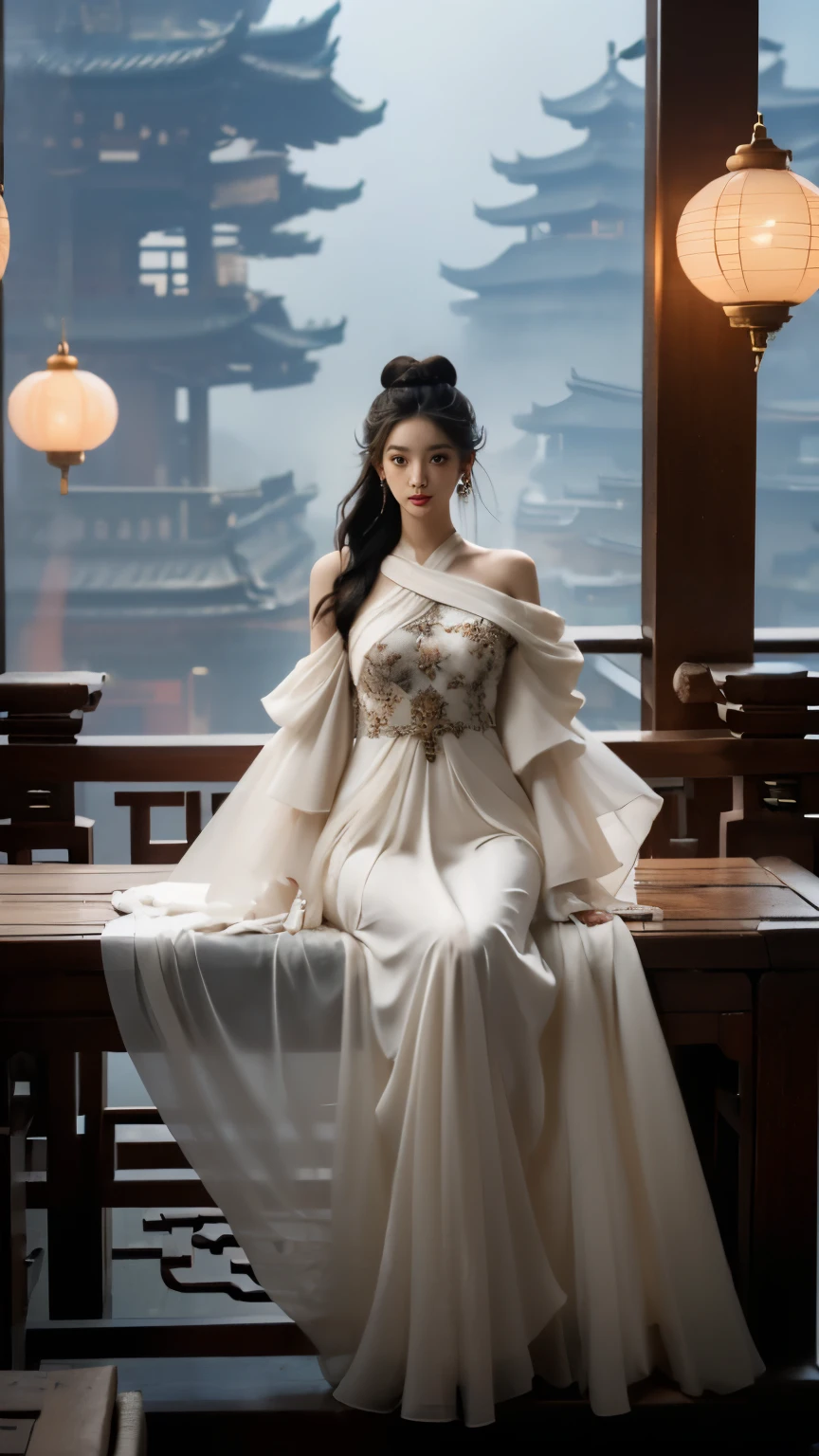 elaborate Hanfu ((gufeng, Bare shoulder stone ornaments, best quality:1.2), 1 girl, alone, deep in wonderland，The moonlight falls like water，foggy room，The figure of the heroine is vaguely visible，Just like the fairy in the painting，Slender sexy legs，very nice legs，Exposes a sexy，big breasts，美丽而又带着一丝mystery的色彩。Her face is beautiful and delicate，Like finely carved jade，Showing otherworldly beauty。Picturesque eyebrows，The waves in my eyes are like twinkling stars，Show the light of perseverance and wisdom。The bridge of the nose is straight，Lip color like cherry，The slightly raised corners of the mouth reveal confidence and calmness。her face is chiseled，Skin as fair as jade，Reveal a healthy glow，Just like fairies, She never eats fireworks in this world。Her makeup is light and delicate，Not too much embellishment，But enough to show her temperament and charm。Light-colored foundation brings out the transparency of the skin，A light eyebrow pencil outlines her perfect eyebrow shape，Eye makeup is eye shadow and eyeliner，Make her eyes brighter and more energetic。嘴唇涂上grace的口红，Adds a bit of charm and sophistication。她的衣服grace别致，Clothes fluttering，It seems like it will be blown up by the wind at any time，drifting into the distance。既不失grace，Also showed off her extraordinary skills。Swinging with her movements。Her hair is tied back casually，Secure it with a hosta，A few strands of hair flutter gently in the wind，Adds a bit of softness。Her figure is looming in the fairyland，宛如一道big breasts美丽的风景线，Attracted everyone&#39;s concern。She seems to be a fairy in wonderland，big breasts美丽、grace、mystery、and full of power。