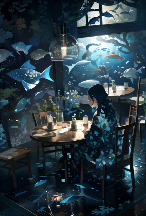 1girl, fish, chair, table, solo, sitting, black hair, scenery, lantern, teapot, flower, cup, teacup, long hair, floral print, fr...