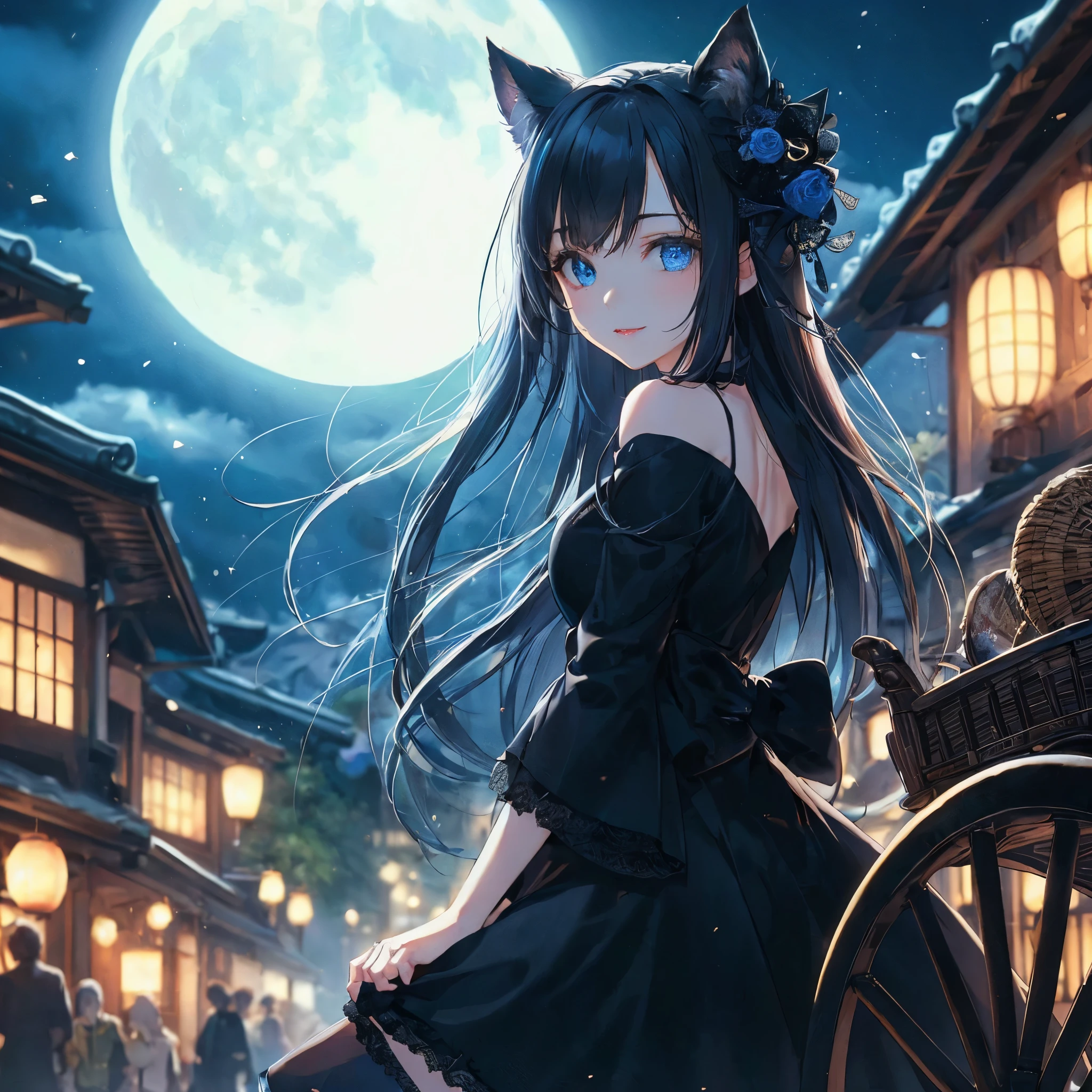 Beautiful girl with witch-like cat ears, beautiful blue eyes, long black hair, mysterious smile, ((the woman's face is beautifully detailed)), moonlight, black dress, black in a rural town at night in Japanese style Cart, black leather shoes)), ((highest quality)), ((high resolution 16k)), ((background is realistic and beautiful)), --Auto