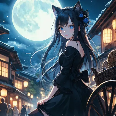 beautiful girl with witch-like cat ears, beautiful blue eyes, long black hair, mysterious smile, ((the woman's face is beautiful...