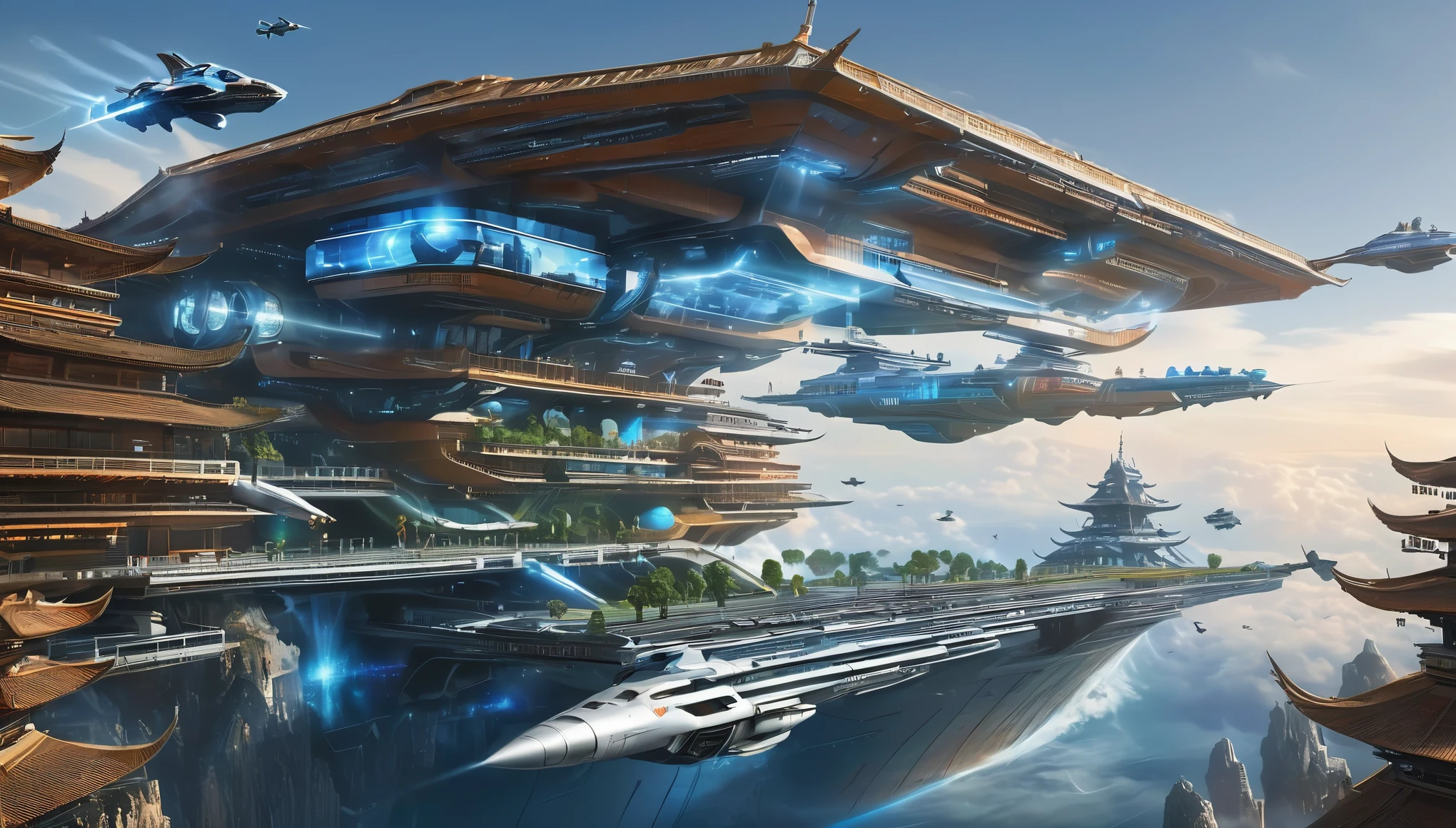 (a large space carrier),(futuristic),(powered by advanced technology),(sleek and imposing design),(silently floating in space),(with massive engines propelling it forward),(6 levels with docking bays),(giant glass windows revealing the cosmos),(surrounded by a protective force field),(emitting a soft blue light),(with intricate laser cannons on its sides),(painted with the Chinese symbol for strength and unity),(accommodating a diverse crew from different cultures),(including engineers, scientists, and astronauts),(wearing futuristic uniforms),(performing their duties with precision and expertise),(a bustling command center with holographic displays and control panels),(captain's quarters with a breathtaking view of the stars),(a spacious botanical garden with exotic plants from Earth and beyond),(training facilities for zero-gravity simulations and martial arts),(a medical bay equipped with advanced healing technologies),(leisure areas for crew members to relax and socialize),(virtual reality rooms for immersive entertainment),(a majestic observation deck with panoramic views),(celestial bodies passing by in mesmerizing colors),(creating a sense of awe and wonder),(capturing the essence of exploration and human ingenuity),(with a timeless beauty that transcends borders and cultures),(combining art, technology, and the spirit of the universe). (best quality, ultra-detailed),(realistic),(HDR),(vivid colors),(sharp focus),(physically-based rendering:1.2),(masterpiece:1.1),(UHD),(professional lighting),(bokeh).