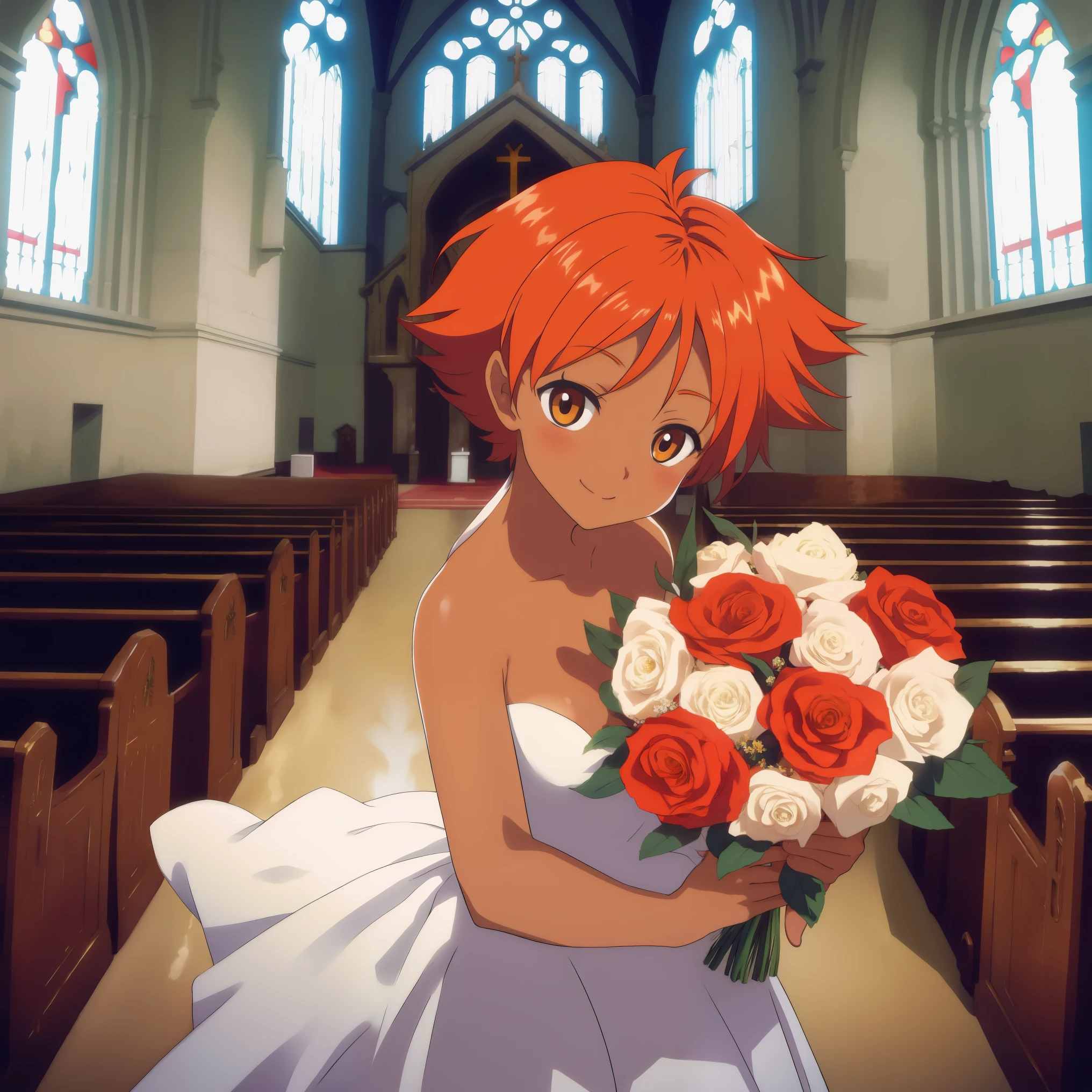 Edward, walking down a church, smiling, white wedding dress, holding bouquet of flowers, (((church background))) orange hair,tan skin, goggles, brown eyes, cleavage, small breasts, (insanely detailed, beautiful detailed face, masterpiece, best quality),