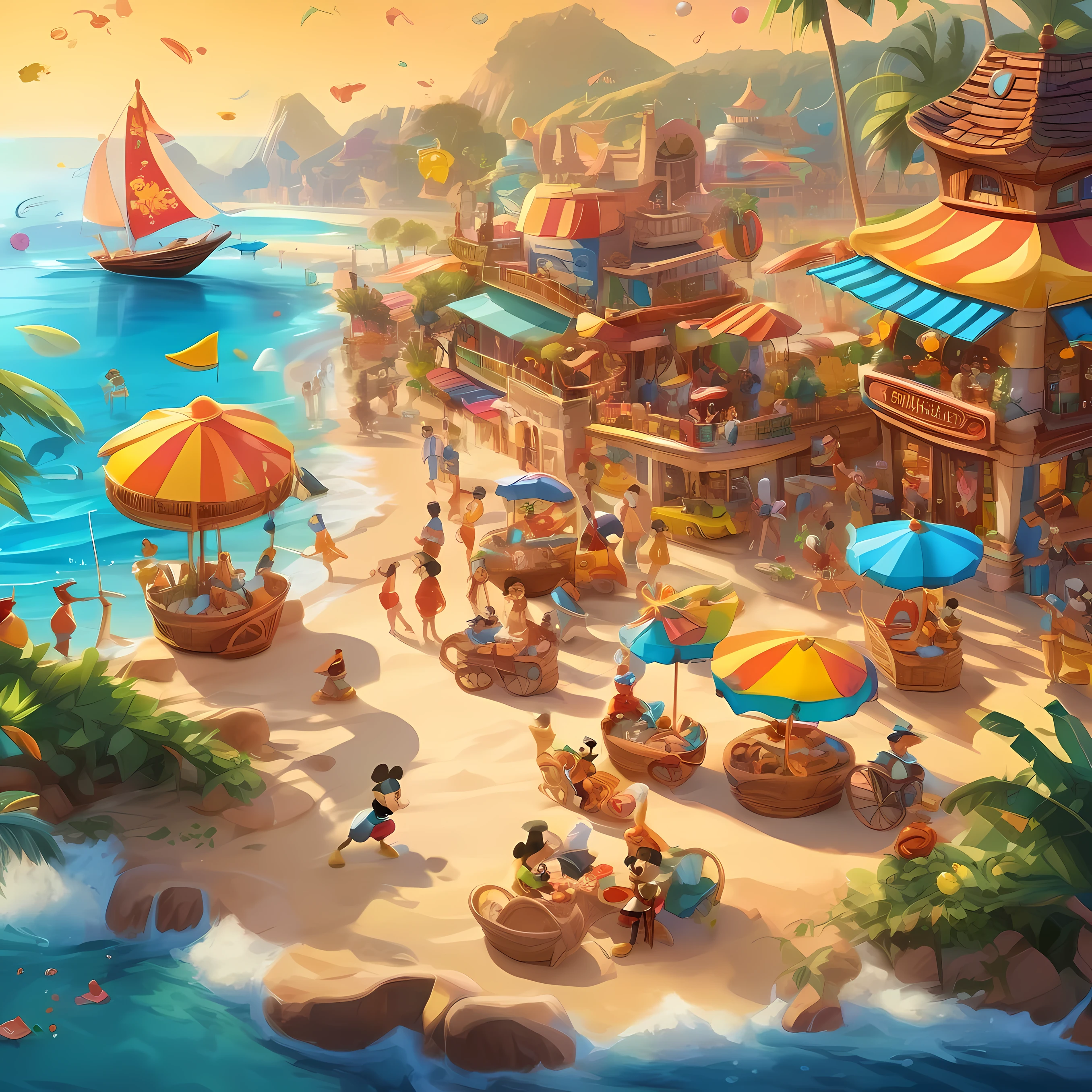 Animated characters and people enjoying vibrant and creative beach on sunny golden beach, Colorful beach umbrellas sparkle in the sun, Mickey Mouse driving a racing car, Trend-setting decorations and Disney splash art from Polycount adorn the coast, The appearance of big-name figures such as Chengdu Fatty and artificial beach elements add to the summer atmosphere. Decorative elements such as shell-shaped cookies are neatly arranged in a wicker basket, Describe the scene in detail, Get creative and personalize with licensed commercial images and artistic illustrations from the visual content platform, Popular color schemes captured with Lightroom Preset Cinematic Color LUT presets, intricate details.

