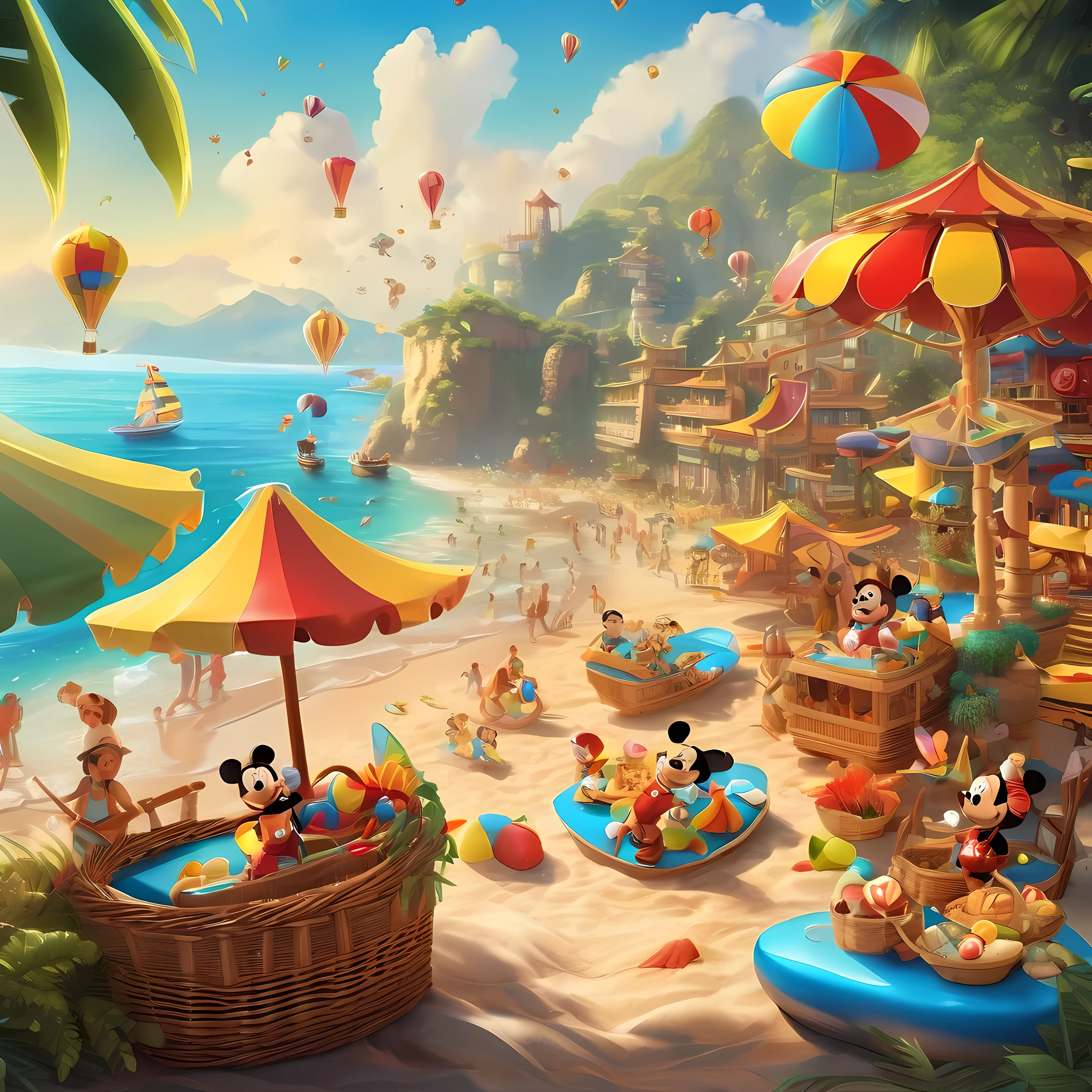 Animated characters and people enjoying vibrant and creative beach on sunny golden beach, Colorful beach umbrellas sparkle in the sun, Mickey Mouse driving a racing car, Trend-setting decorations and Disney splash art from Polycount adorn the coast, The appearance of big-name figures such as Chengdu Fatty and artificial beach elements add to the summer atmosphere. Decorative elements such as shell-shaped cookies are neatly arranged in a wicker basket, Describe the scene in detail, Get creative and personalize with licensed commercial images and artistic illustrations from the visual content platform, Popular color schemes captured with Lightroom Preset Cinematic Color LUT presets, intricate details.

