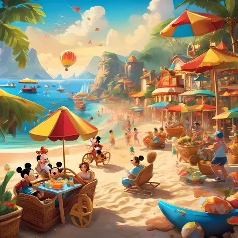 Animated characters and people enjoying vibrant and creative beach on sunny golden beach, Colorful beach umbrellas sparkle in th...