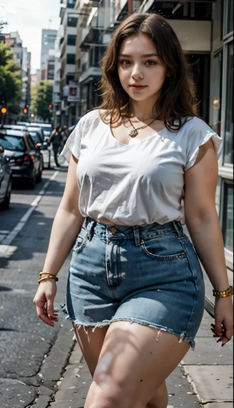 ((best quality)), ((masterpiece)), (detailed), perfect face, araffe woman in a long dark-blue shirt and blue denim skirt walking down a street, thicc,  wavy  short hair , she has a jiggly fat round belly, bbwchan, wearing tight simple clothes, skinny waist...