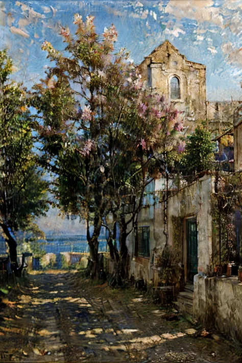 ((best quality)), ((masterpiece)),Old building peaceful garden digital oil painting style。Sunny flowers。