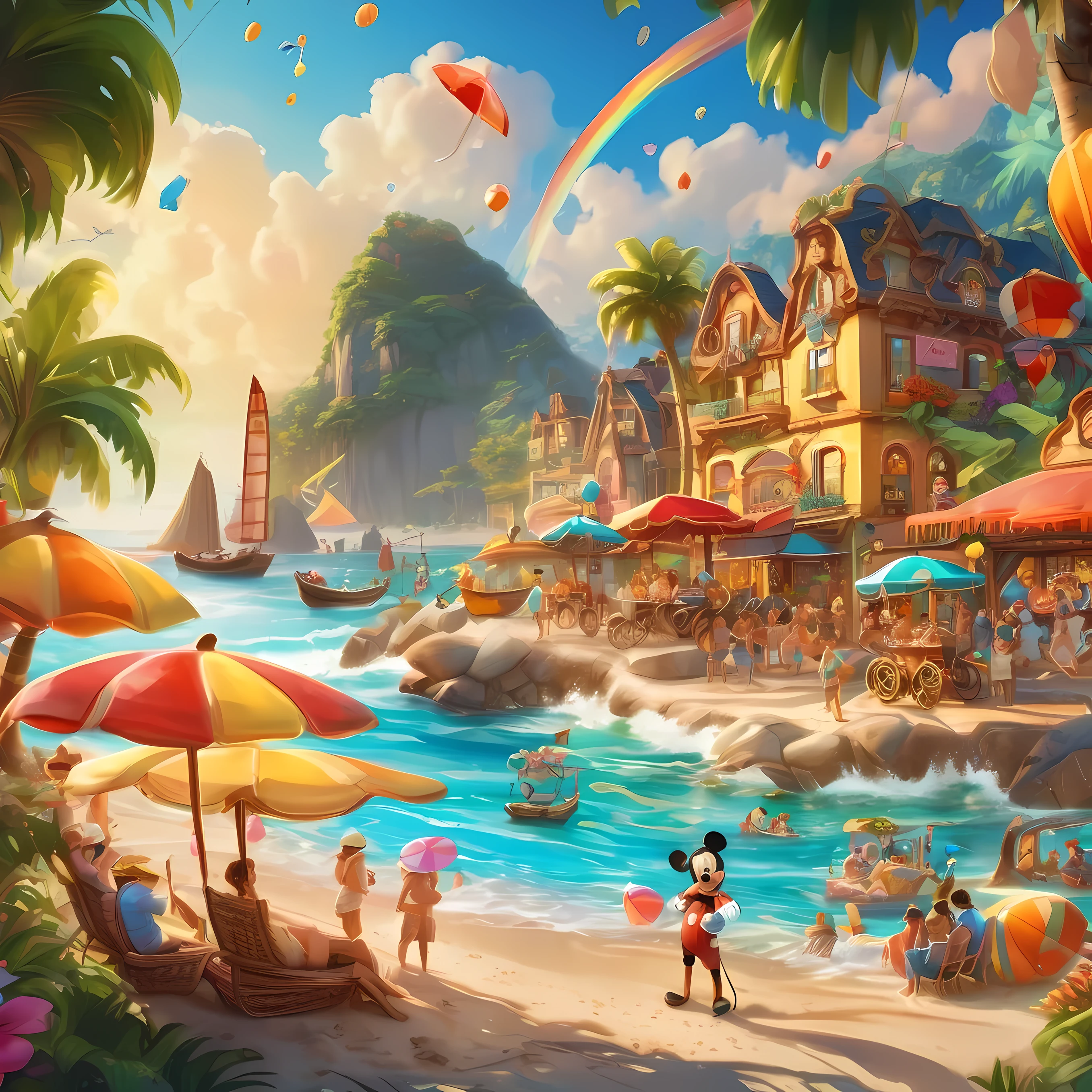 Animated characters and people enjoying vibrant and creative beach on sunny golden beach, Colorful beach umbrellas sparkle in the sun, Mickey Mouse driving a racing car, Trend-setting decorations and Disney splash art from Polycount adorn the coast, The appearance of big-name figures such as Chengdu Fatty and artificial beach elements add to the summer atmosphere. Decorative elements such as shell-shaped cookies are neatly arranged in a wicker basket, Describe the scene in detail, Get creative and personalize with licensed commercial images and artistic illustrations from the visual content platform, Popular color schemes captured with Lightroom Preset Cinematic Color LUT presets, intricate details.

