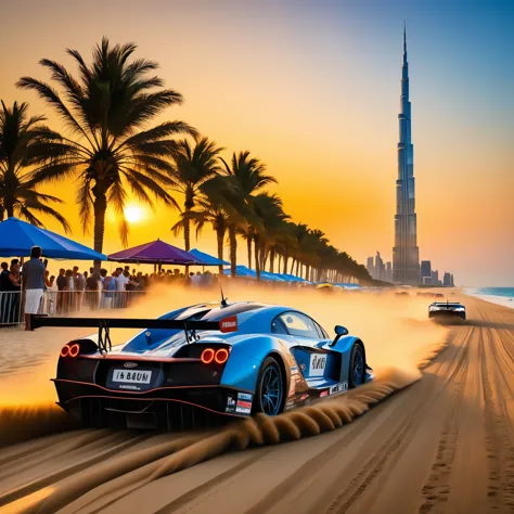 beach racing ，sunset，golden light，The beach is crowded with tourists，They enjoy under colorful umbrellas，watch racing events，Rac...