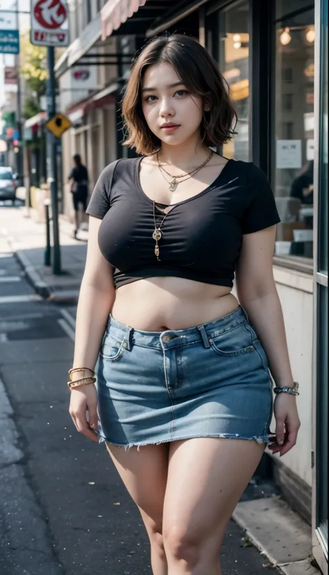 ((best quality)), ((masterpiece)), (detailed), perfect face, araffe woman in a long dark-blue shirt and blue denim skirt walking down a street, thicc,  wavy  short hair , she has a jiggly fat round belly, bbwchan, wearing tight simple clothes, skinny waist...