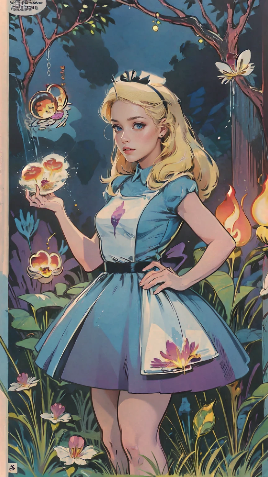 (best quality,4k,8k,highres,masterpiece:1.2),ultra-detailed,(realistic,photorealistic,photo-realistic:1.37),beautiful detailed eyes,beautiful detailed lips,extremely detailed eyes and face,longeyelashes,portrait chest, Alice in wonderland,curious girl in a colorful fantasy world,bright and vibrant color palette,fairy tale atmosphere,magical and dreamlike environment,giant mushrooms and talking animals,floating tea party in the sky,enchanted garden with whimsical flowers and plants,mysterious rabbit hole leading to an underground realm,waving grass and sparkling fireflies,butterflies dancing around Alice,illuminated by soft sunlight filtering through trees,floating clocks and playing cards in the air,curiouser and curiouser expressions on the characters' faces,playful and mischievous Cheshire Cat,drink-me bottles and eat-me cakes with magical effects,nonsensical and whimsical elements throughout the scene,exploration and adventure as Alice discovers new wonders,storybook-like illustrations with a painterly style,storybook illustration,watercolor medium-inspired,impressionistic brushstrokes,pastel color tones with pops of vibrant hues
