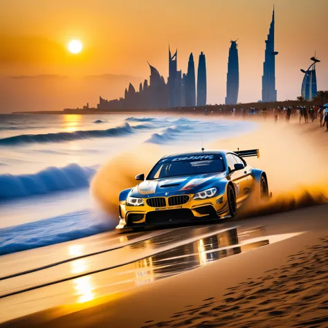 beach racing ，sunset，Golden light enveloped the entire venue，The beach is crowded with tourists，They enjoy time under colorful u...
