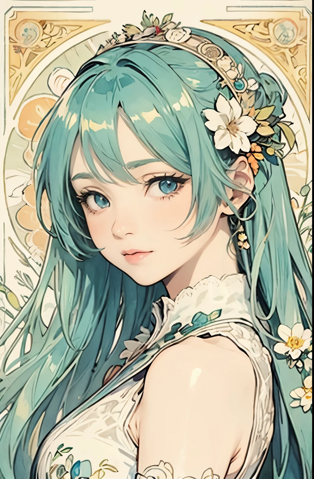 ((master piece)), (best quality), (cinematic),  art nouveau watercolor , Floral_background, Intricate designs and patterns in the style of Alphonse Mucha，Hatsune Miku
