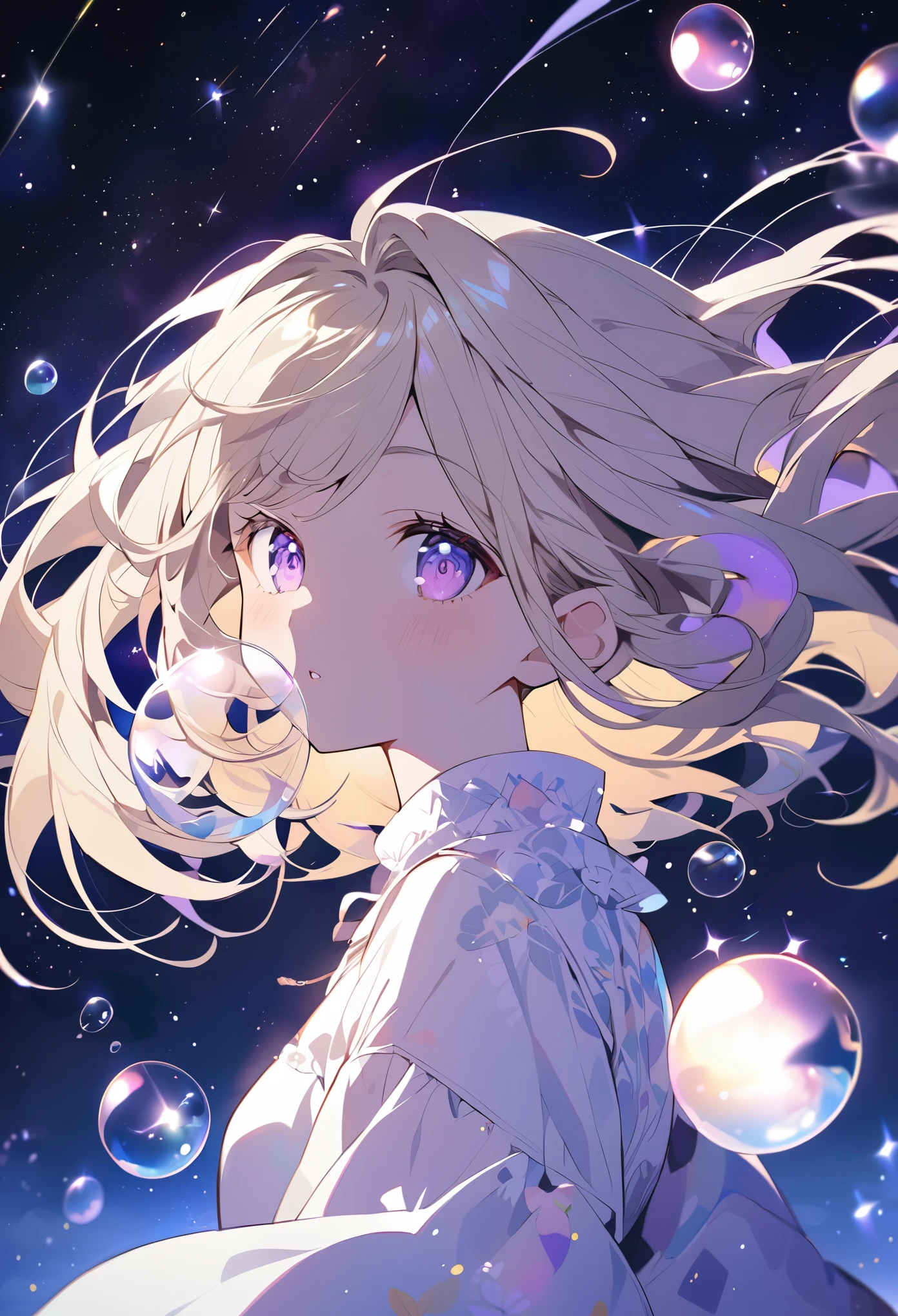 Anime style light blonde hair girl with violet color eyes blowing bubbles under the starry sky