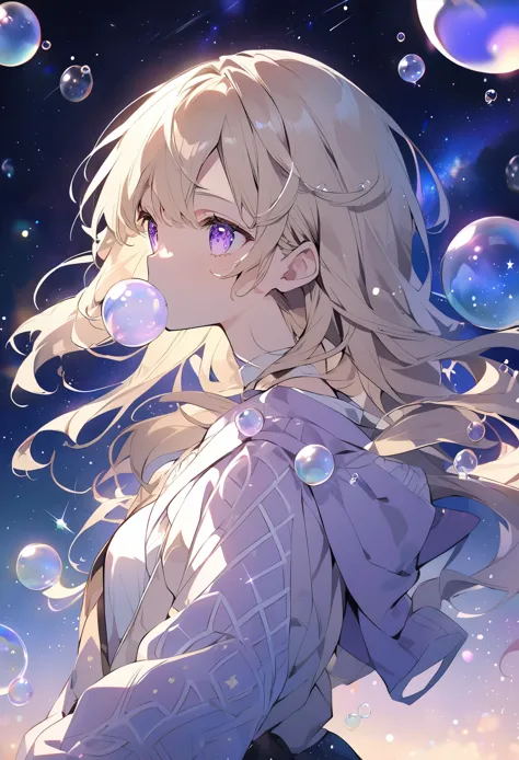 anime style light blonde hair girl with violet color eyes blowing bubbles under the starry sky