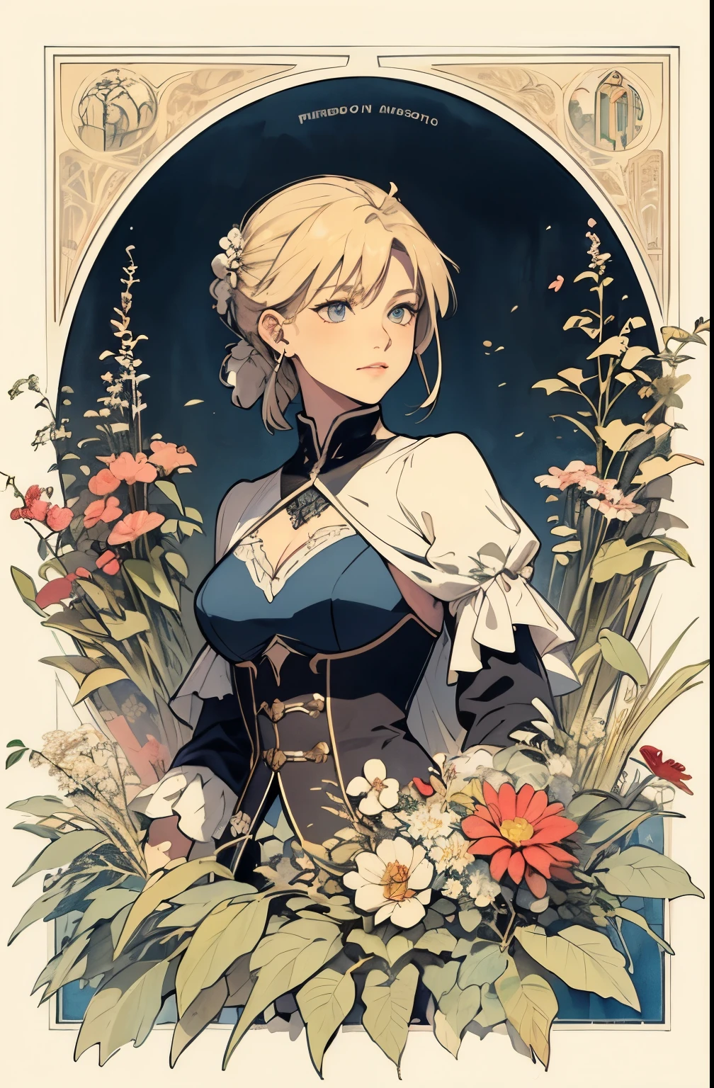 ((master piece)), (best quality), (cinematic),  art nouveau watercolor , Floral_background, Intricate designs and patterns in the style of Alphonse Mucha，Artoria Pendragon，Fate/stay night
