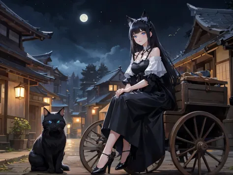 beautiful girl with witch-like cat ears, beautiful blue eyes, long black hair, mysterious smile, ((the woman's face is beautiful...