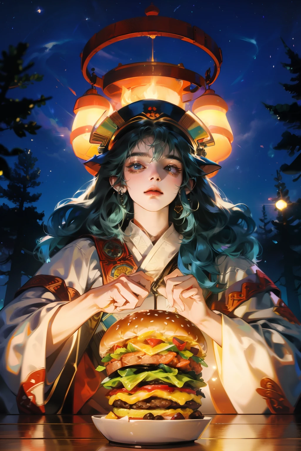 (best quality), (super fine), (masterpiece), illustration, (young man), in the forest, shaman, black skin, wearing shaman's decoration, praying，In front of you is a huge KFC hamburger,