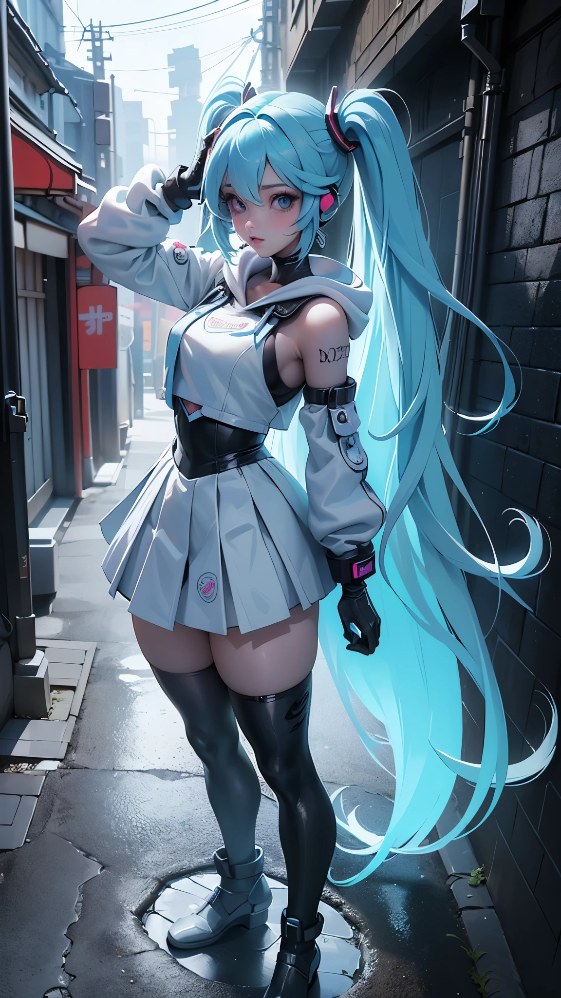 (La Best Quality,A high resolution,Ultra - detailed,actual),Ariana Grande looks like Rei Ayanami with medium straight hair, wearing white pleated miniskirt and streetwear headphones, passion blue hoodie, on the chest it says &#39;Future Funk&#39;, amidst a vibrant futuristic cityscape illuminated by neon lights.More detailed 8K.unreal engine:1.4,UHD,La Best Quality:1.4, photorealistic:1.4, skin texture:1.4, masterpiece:1.8,first work, Best Quality,object object], (detailed face features:1.3),(The correct proportions),(Beautiful blue eyes:1.4 ),  (cowboy pose), (fingers detailed :1.4), ,( cyberpunk 2.1), (kawaii style:1.4), (Background an alley of stone walls Tokyo :1.4), (Perfect anatomy :1.4) 