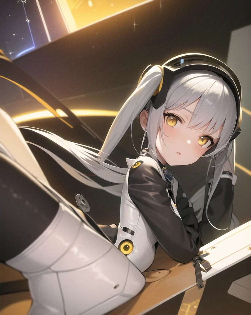 masterpiece, best quality, 1girl, (space), spacecraft, (spacesuit), upper body, from side, science fiction, yellow eyes, twintails, silver hair,