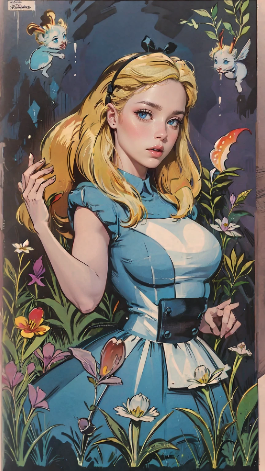 
"(best quality,highres:1.2),ultra-detailed,realistic,photorealistic:1.37,sexy Alice in Wonderland,girl with blonde hair and blue dress,curious expression,huge tea party in a magical garden,crazy colorful mushrooms and flowers,talking white rabbit with pocket watch,enchanted playing cards flying in the air,Cheshire Cat disappearing and reappearing,Grand clock tower showing time,whimsical and dreamlike atmosphere,impressive illustrations,pastel color palette,magical lighting effects"
