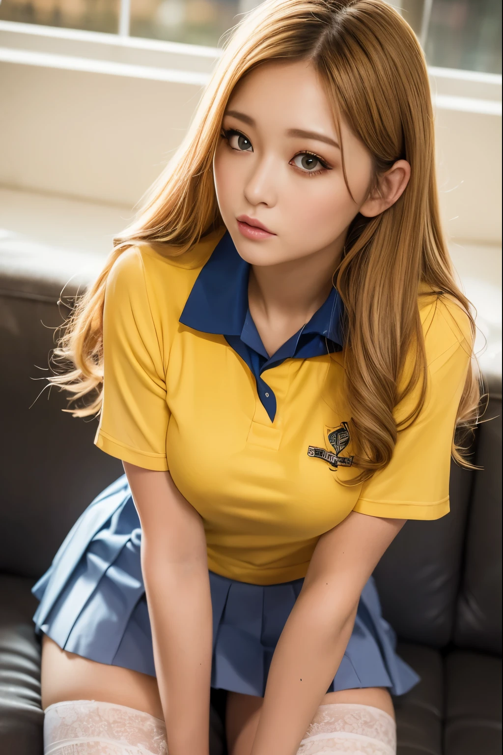 （highest quality，4k，masterpiece：1.2），Beautiful woman，1 girl，sexy：1.1，dark yellow hair：1.1，woman wearing school uniform，soaking wet uniform，super detailed face，lip details，fine eyes，double eyelid，miniskirt white stockings，stand up