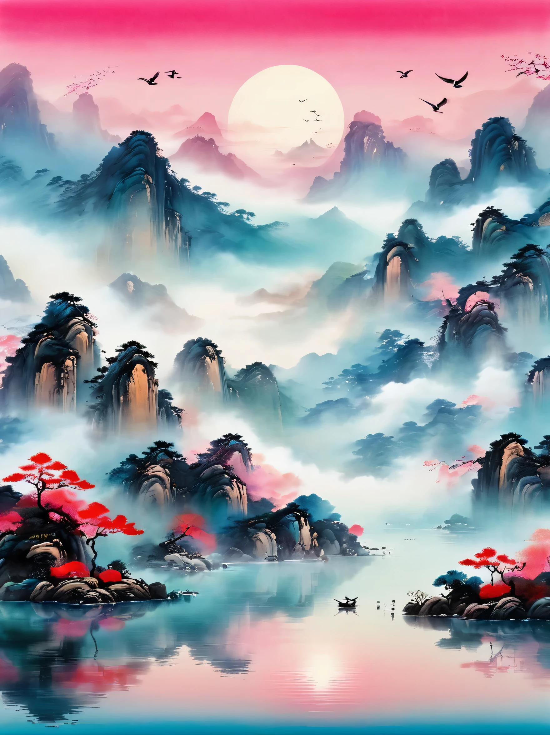 ((masterpiece))，((best quality))，((HD))，Chinese ink style，Chinese Dream Landscape，Close-up view，mist，dense teeth，lake and waves，tree，snow mountain，reflection，Minimalism，Zen aesthetics，Zen composition，Chinese landscape painting，4k，((super sharp:1.4))，clear background，John Pawson，backlight，Tyndall effect，flying bird，sparkling lake water，pink octane render sci-fi，new moon，Red sky，gradient background，magical atmosphere，happy and peaceful scene，Surreal and ethereal colors，otherworldly environment，Hazy and mysterious atmosphere，Amazing natural wonders，Grandeur and sense of scale