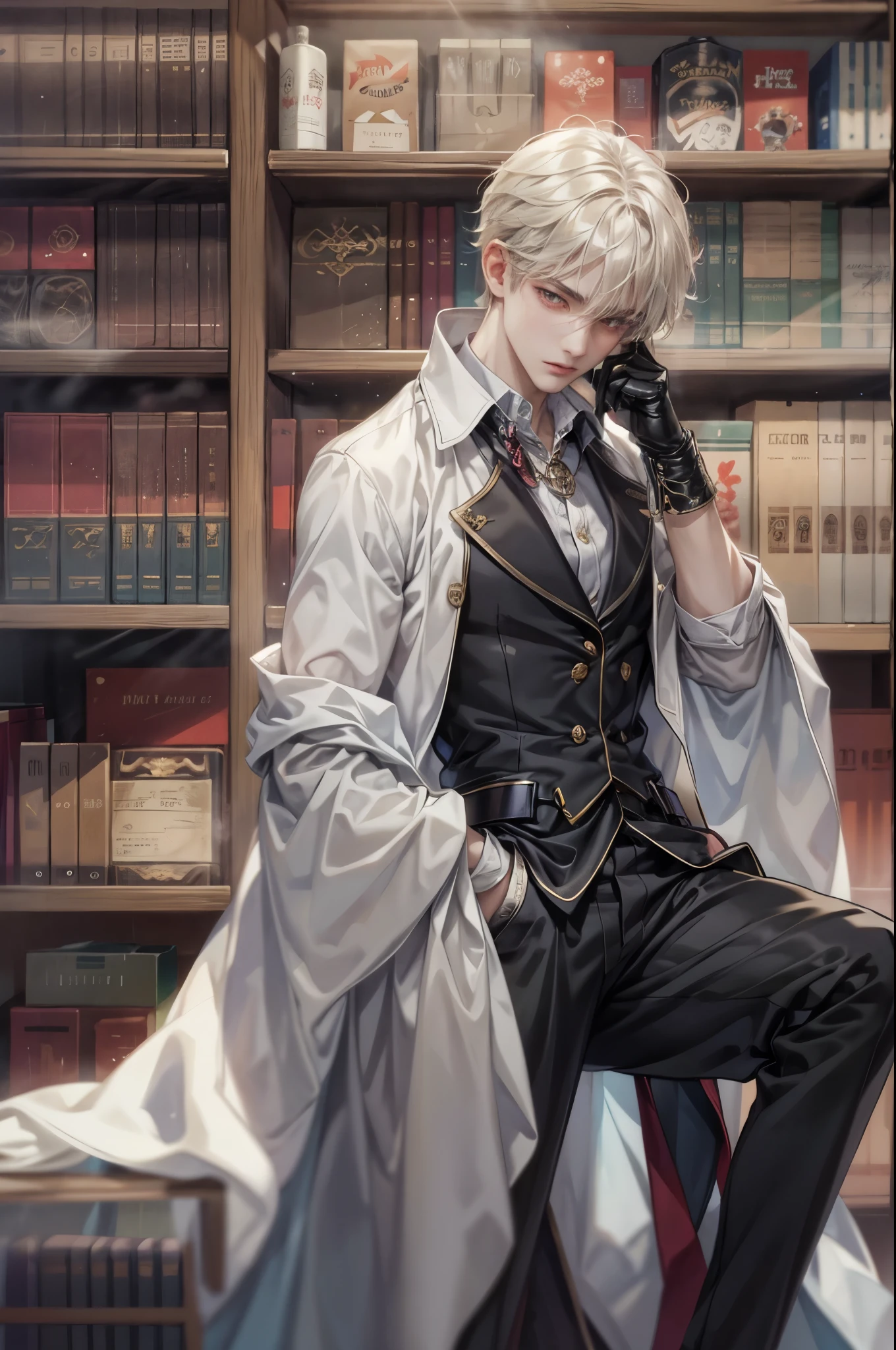 ((Best quality)), ((masterpiece)), (detailed), ((perfect face)), ((halfbody)) handsome face, male, teen boy,  perfect proportions , a character from anime ashita no nadja, phantom thief outfit, detailed library interior scenery background 