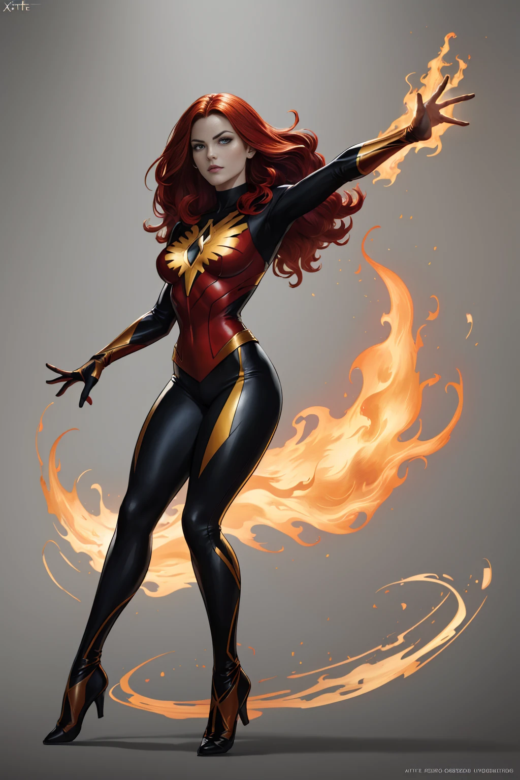 (((foto de corpo inteiro))) (Alta resolução, melhor qualidade:1.2),
foco facial, monocromatic, Arte digital, jean grey Phoenix de X-Men, arte linear. Contornos em tinta