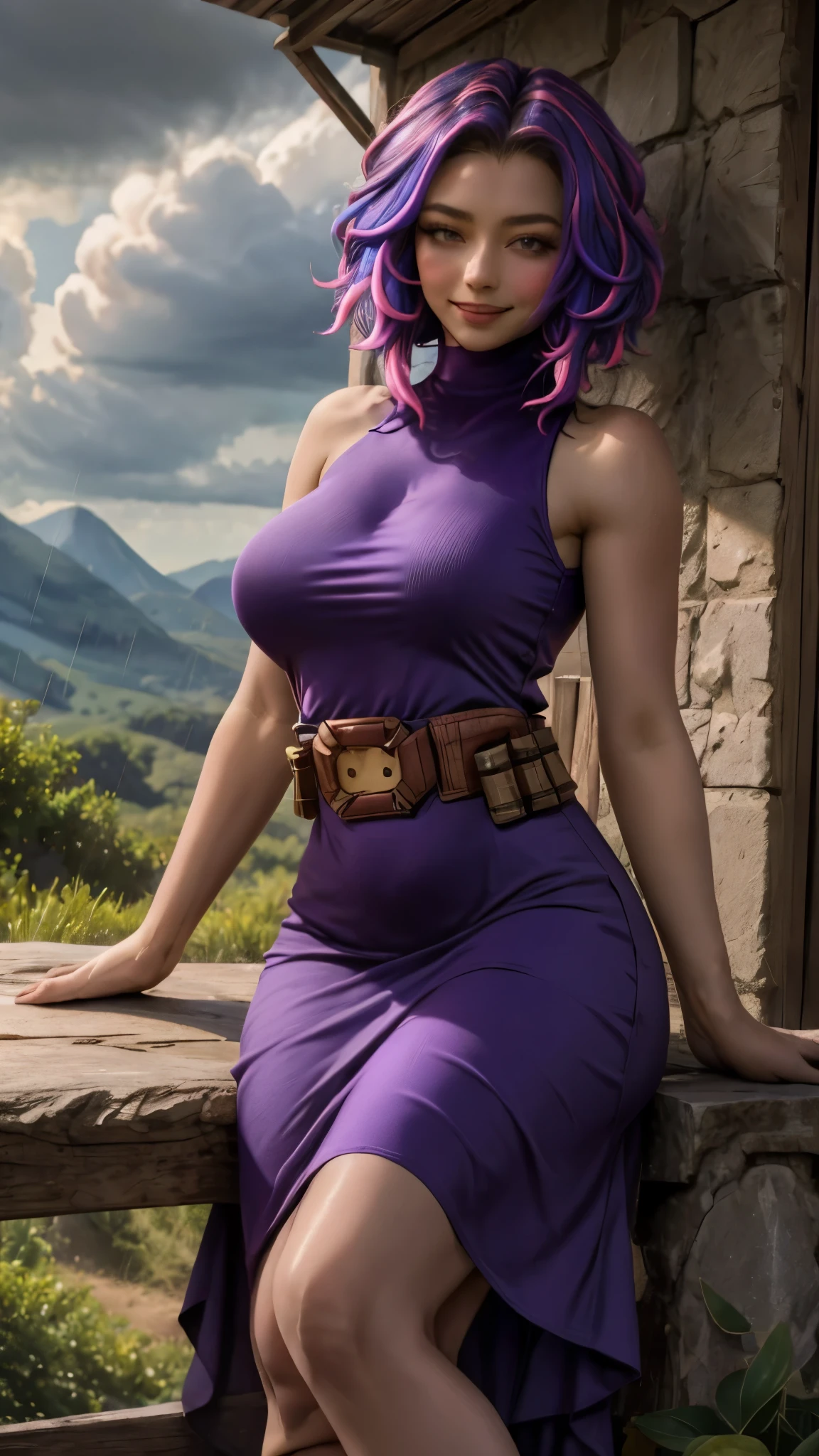 Nagant, solo, purple hair, purple eyes, 1girl, multicolored hair, breasts, looking at viewer, short hair, large breasts, sleeveless, streaked hair, closed mouth, pink hair, medium hair, bare shoulders, smile, two-tone hair, dress, turtleneck, belt, blush, collarbone, thighs, sleeveless dress, purple dress, cowboy shot,  birght pupils, white pupils, bangs, sweat, curvy, wide hips, hourglass body, pouch, outdoors, sun, blue sky, clouds, forest, rain, sitting sitting in, girl sitting, 