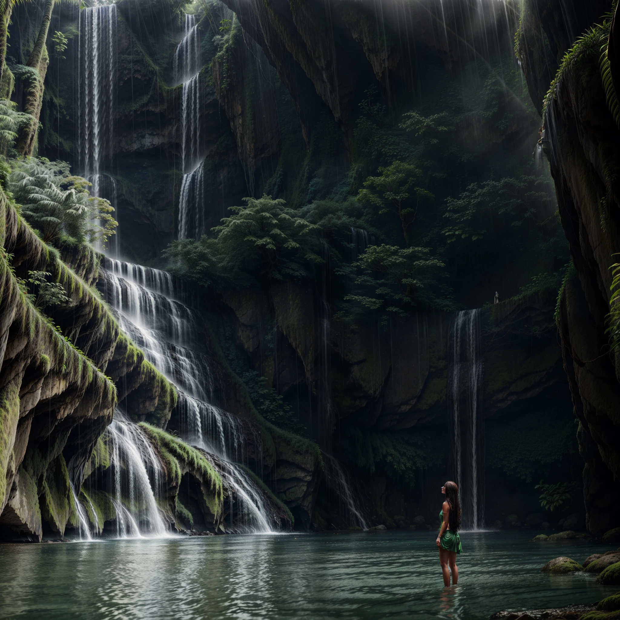 Un exuberante escenario de selva tropical con una impresionante chica morena de pie junto a una impresionante cascada, su mirada de anhelo fija en el agua refrescante, deseando sumergirse y refrescar su cuerpo. Las gotas de sudor en su frente brillan bajo el sol, añadiendo un toque de radiante a sus rasgos ya cautivadores. Su cabello cae en suaves rizos, enmarcando su rostro como una corona de belleza natural. La exuberante vegetación y los colores vibrantes de la selva tropical la rodean, creando un telón de fondo fascinante que realza su encanto. El sonido de la cascada crea un telón de fondo relajante y rítmico, como si la propia naturaleza la estuviera serenando. El aire está lleno del embriagador aroma de las flores en flor y la vegetación fresca, sumergiéndose en ella