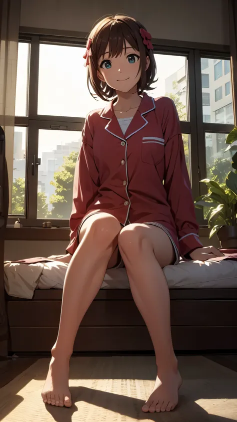 cg, unity, 8k, wallpaper, highest quality, masterpiece, haruka amami, (smile: 1.1), sit on the bed, pajamas, shorts, barefoot, s...