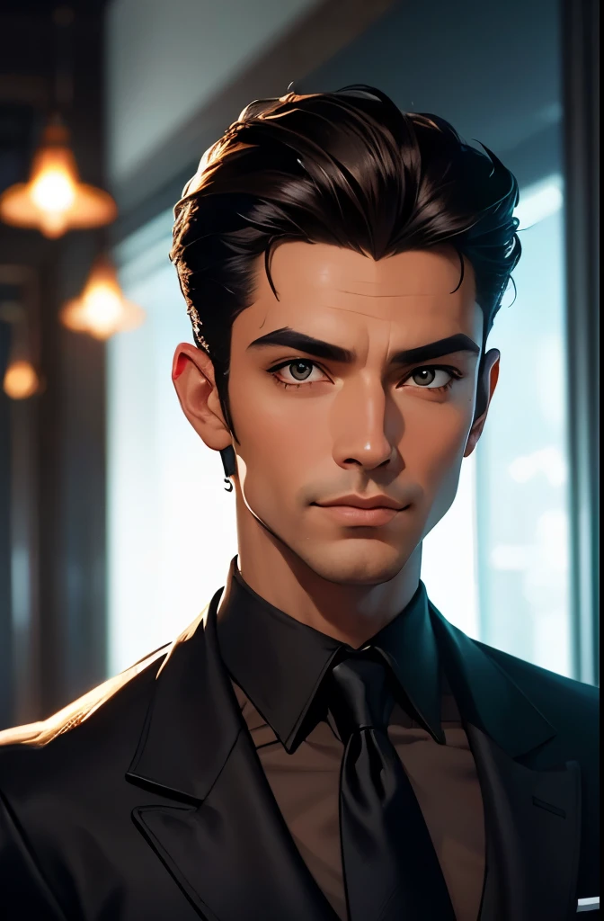 stunningly handsome man, cocky smile, a digital painting of a dashing spy in a black suit, masculine haircut, retro pulp noir comic cover, sexy man with dark brown hair, in the art style of Artgerm, mafia, marvel comic book characters, award-winning artwork, the smooth black lion, beautiful rendering, widow maker, chiaroscuro , ray tracing, flirty, intrigue, dynamic pose, dynamic angle