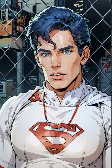 there is a man , ((Superman suit))，(blue eyes),90s comic ,Marvel Comics，background is New York city's，professional comic book st...