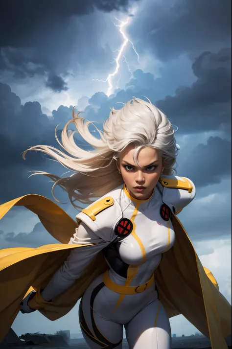 best quality,highres,ultra-detailed,realistic:1.37,professional,dynamic,action shot,storm character art,storm from the x-men,sto...