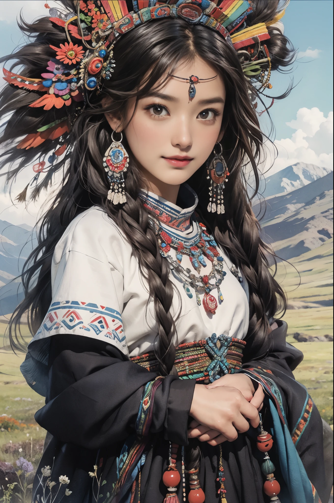 masterpiece,best quality, 1 girl, Tibetan,black hair, red eyes, Medium length hair, earrings, rainbow,standing,plateau,blue sky,grassland,extreme detailed,torogao,smile,head gear,plateau,